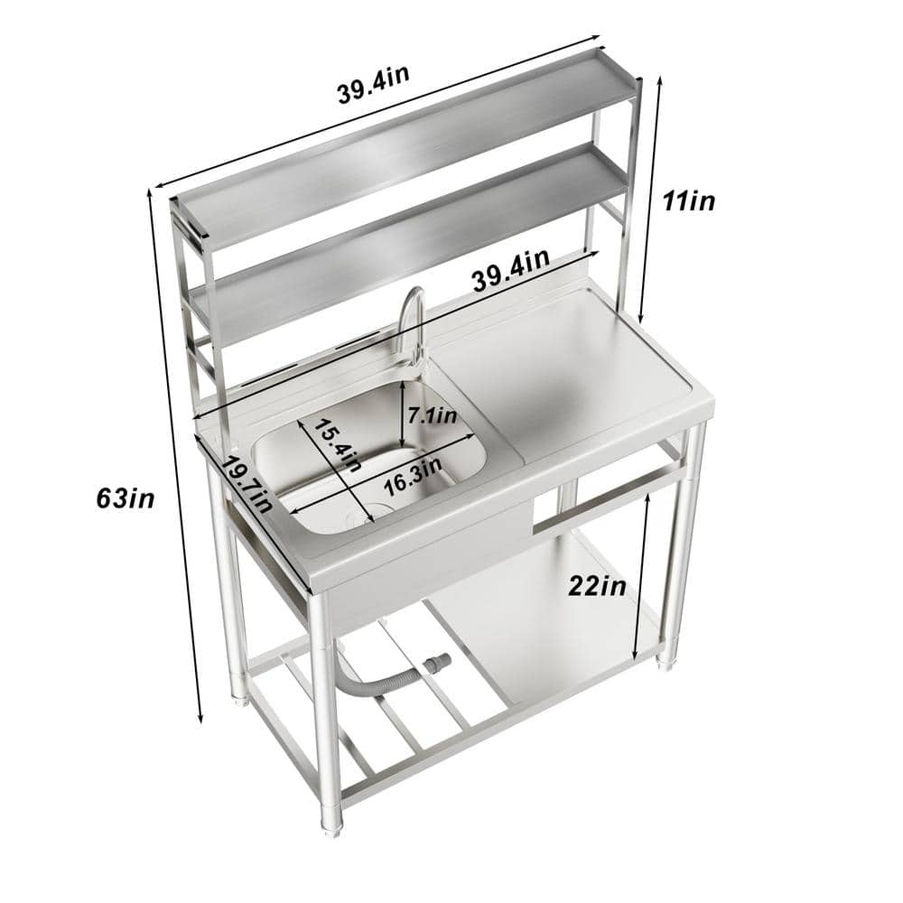 HOMEIBRO 39.4" Freestanding Laundry Utility Sink in Polished Silver - Image 3