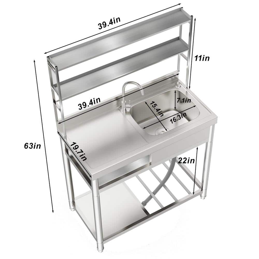 HOMEIBRO 39.4 in. Freestanding Stainless Steel Laundry Utility Sink with Right Bowl - Image 10