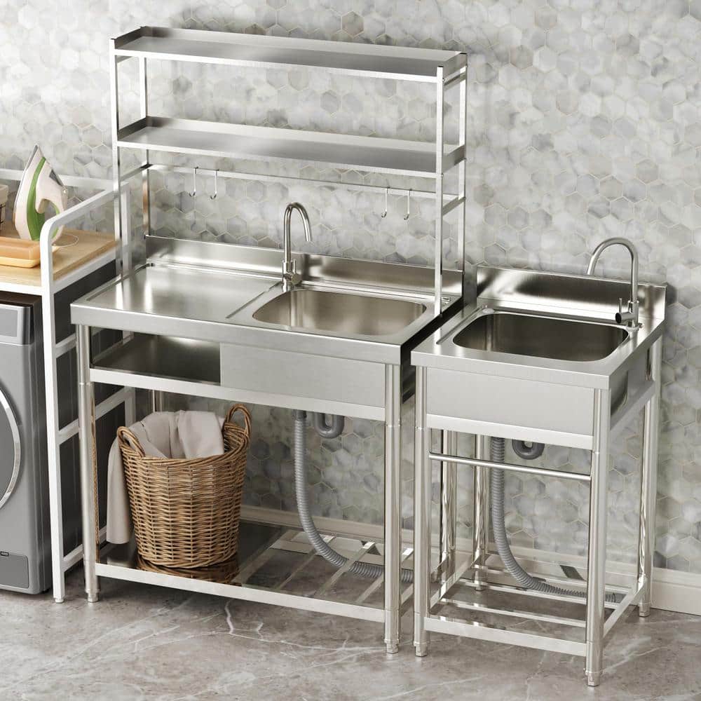HOMEIBRO 39.4 in. Freestanding Stainless Steel Laundry Utility Sink with Right Bowl - Image 7