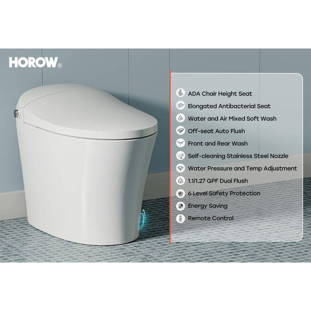 HOROW 1/1.27 GPF Tankless Smart Toilet Bidet with Dual Flush System, White - Image 3