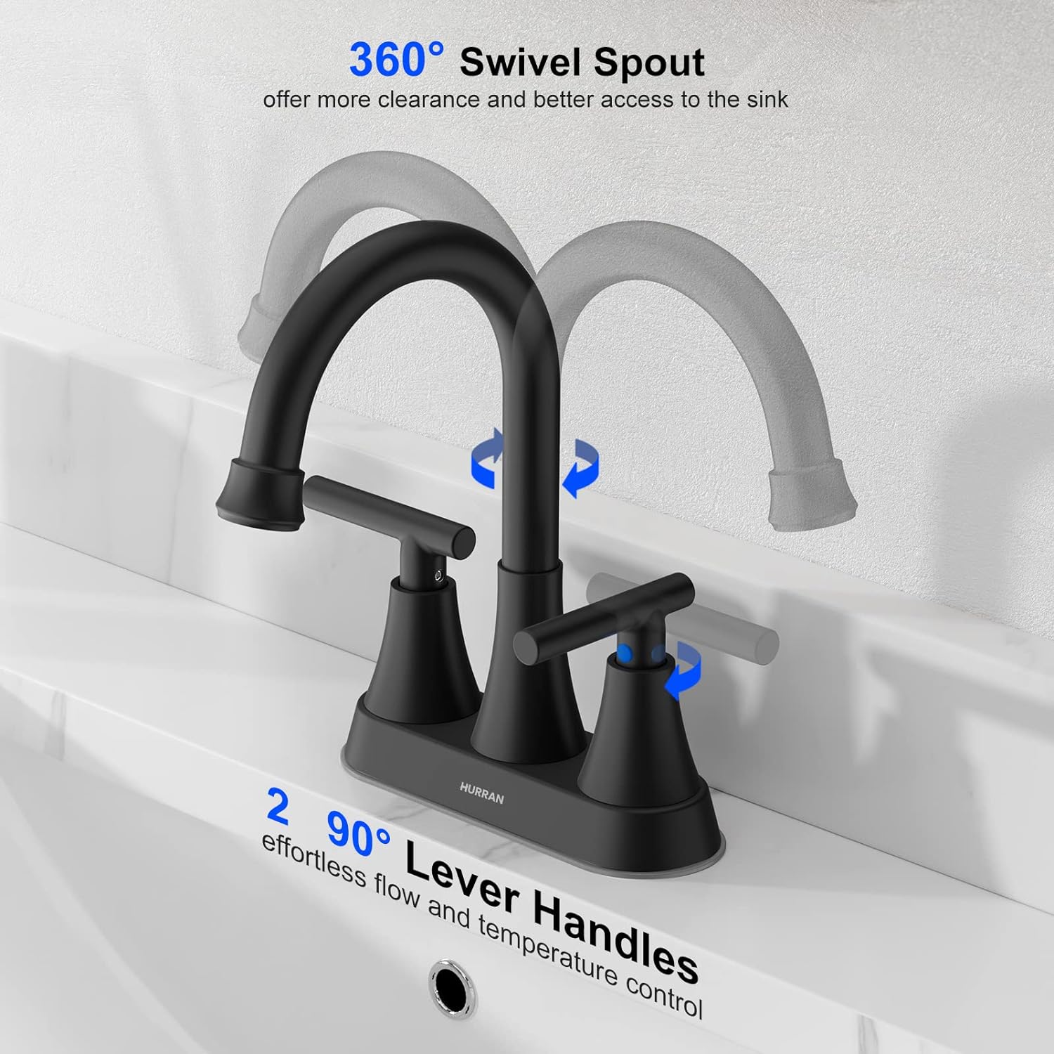 Hurran Matte Black Bathroom Faucet with Pop-up Drain and Supply Hoses - Image 3