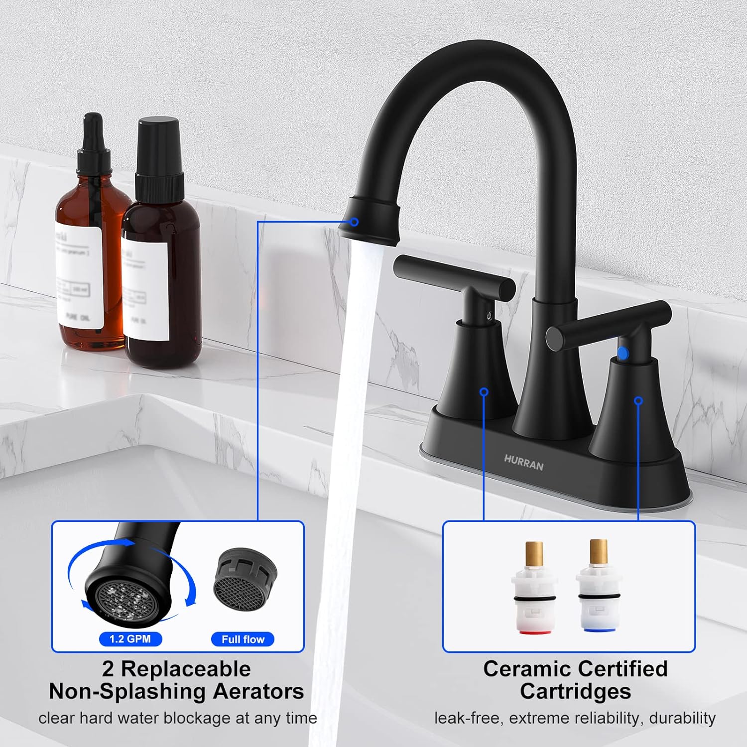 Hurran Matte Black Bathroom Faucet with Pop-up Drain and Supply Hoses - Image 4