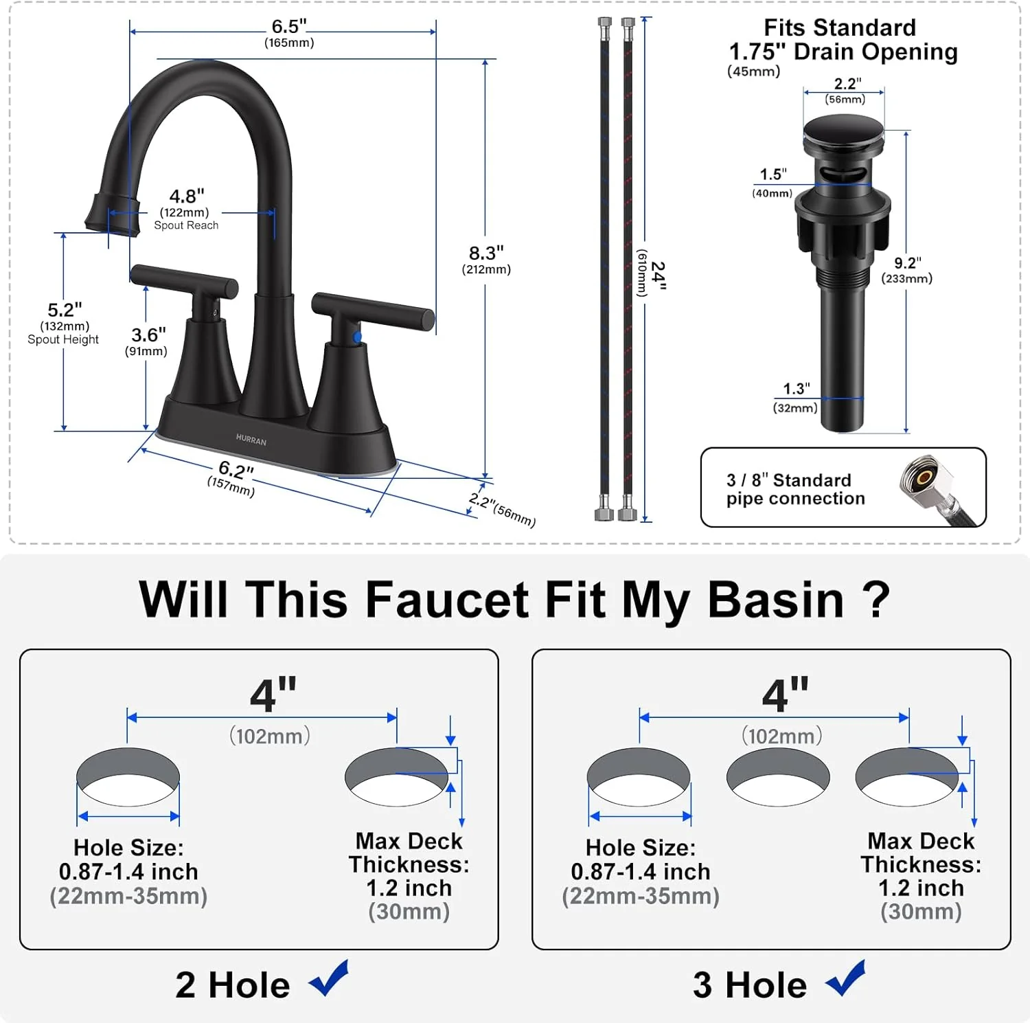 Hurran Matte Black Bathroom Faucet with Pop-up Drain and Supply Hoses - Image 5