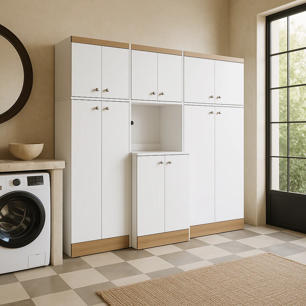 Inval Kitchen Storage Utility Cabinet in White and Vienes Oak, 3-Piece - Image 4