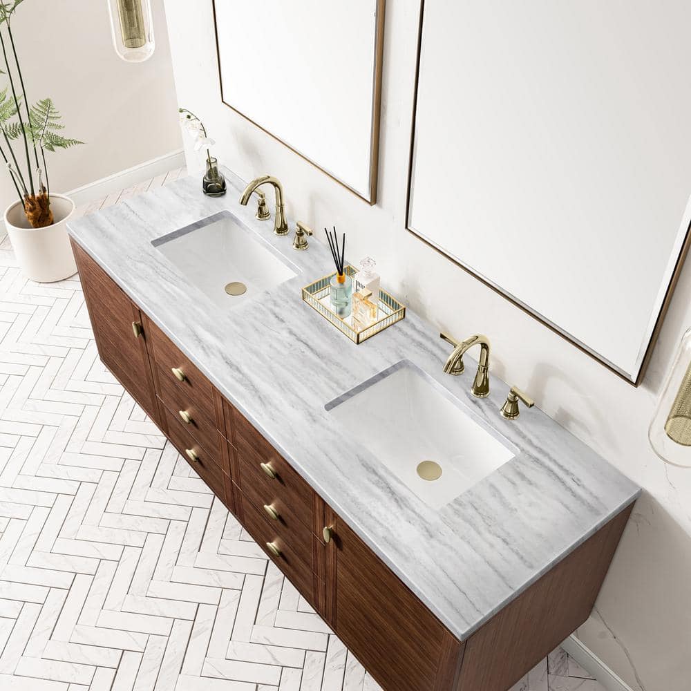 James Martin Vanities Amberly 72" Mid-Century Walnut Bathroom Vanity with Arctic Fall Top - Image 5