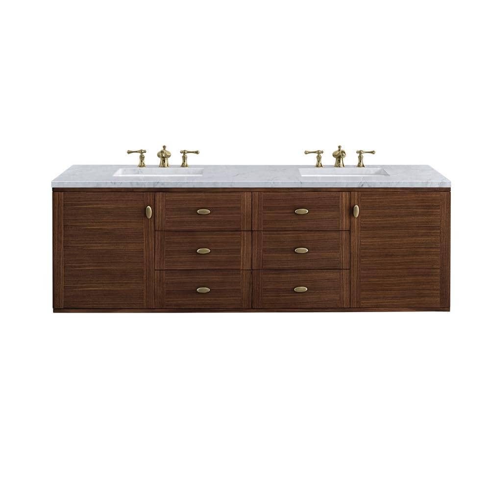James Martin Vanities Amberly 72" Mid-Century Walnut Bathroom Vanity with Carrara Marble Top - Image 3