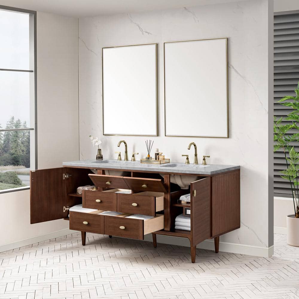 James Martin Vanities Amberly 72" Mid-Century Walnut Bathroom Vanity with Carrara Marble Top - Image 9