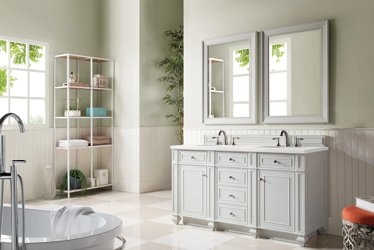 James Martin Vanities Bristol 60" Free Standing Double Basin Vanity Set, Saddle Brown Wood Cabinet with 3cm White Zeus Quartz Top - Image 2