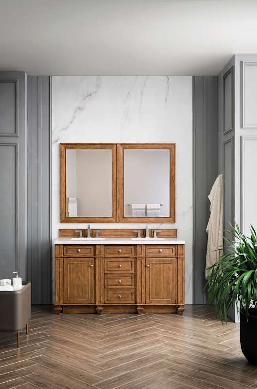 James Martin Vanities Bristol 60" Free Standing Double Basin Vanity Set, Saddle Brown Wood Cabinet with 3cm White Zeus Quartz Top - Image 3