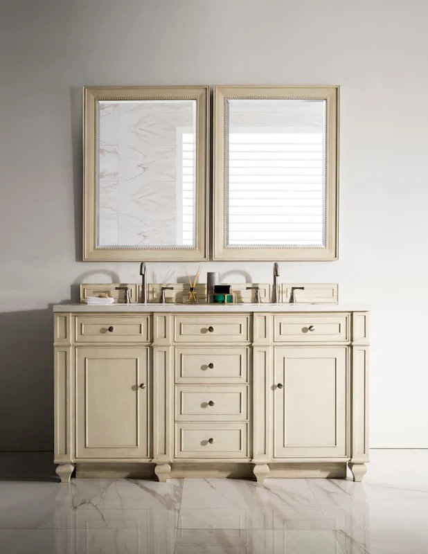 James Martin Vanities Bristol 60" Free Standing Double Basin Vanity Set, Saddle Brown Wood Cabinet with 3cm White Zeus Quartz Top - Image 4