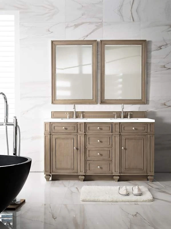 James Martin Vanities Bristol 60" Free Standing Double Basin Vanity Set, Saddle Brown Wood Cabinet with 3cm White Zeus Quartz Top - Image 5