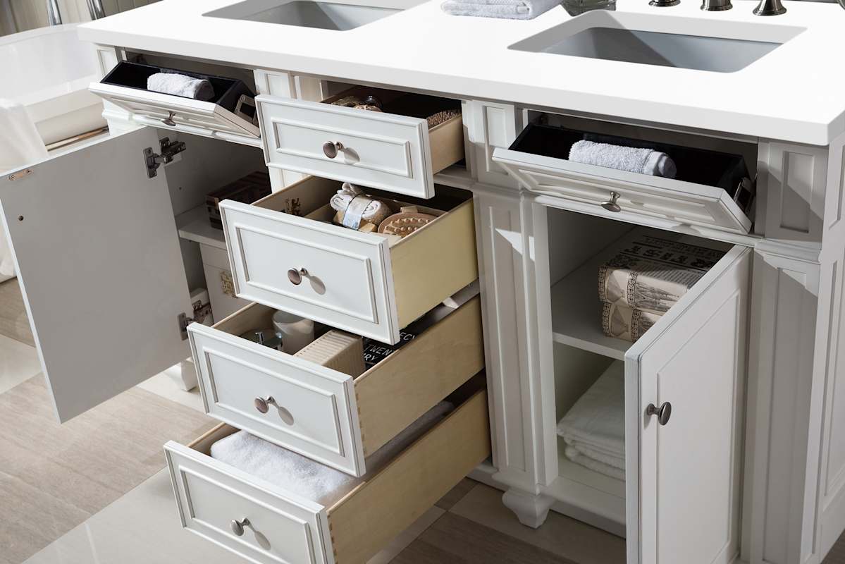 James Martin Vanities Bristol 60" Free Standing Double Basin Vanity Set, Saddle Brown Wood Cabinet with 3cm White Zeus Quartz Top - Image 6
