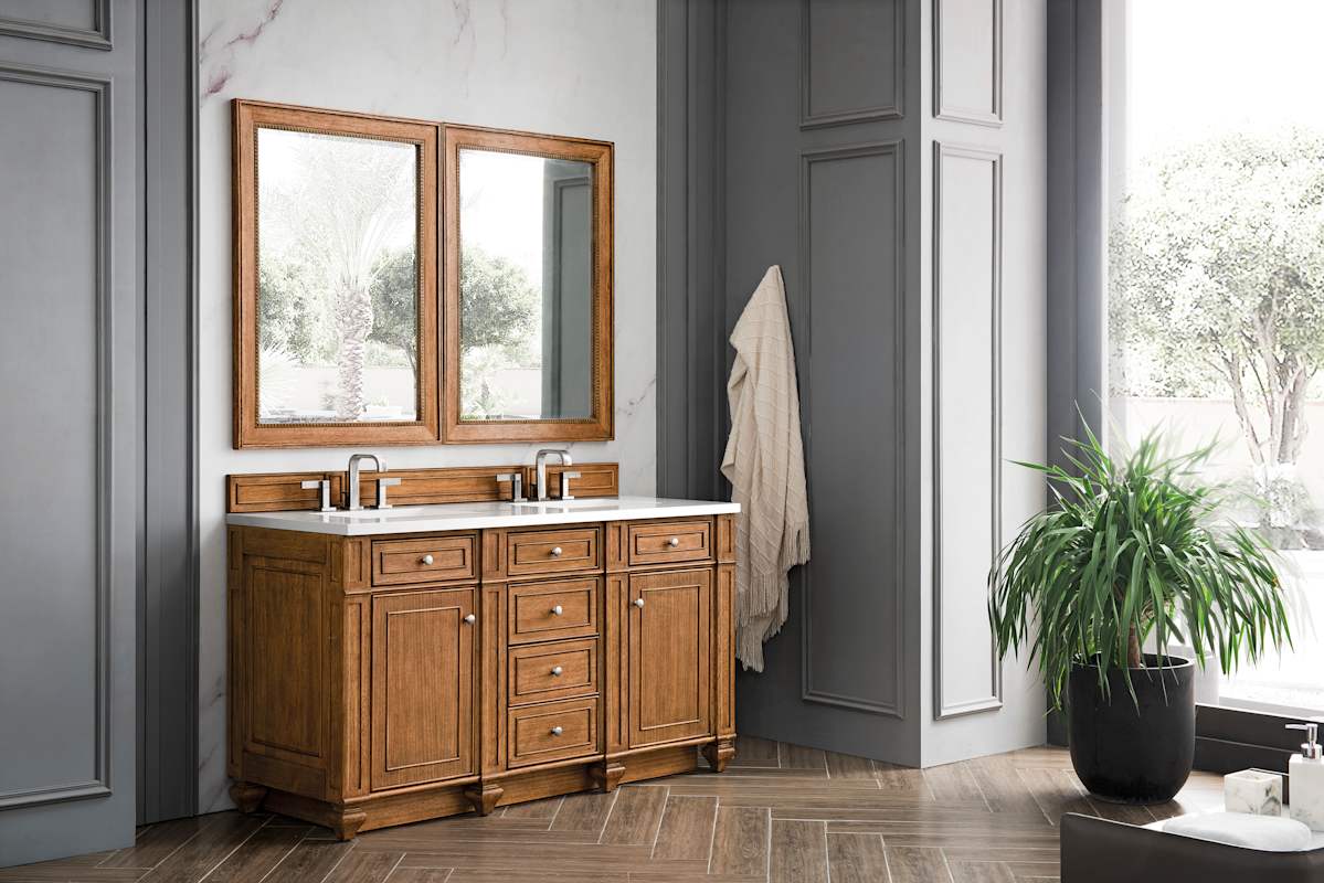 James Martin Vanities Bristol 60" Free Standing Double Basin Vanity Set, Saddle Brown Wood Cabinet with 3cm White Zeus Quartz Top - Image 7