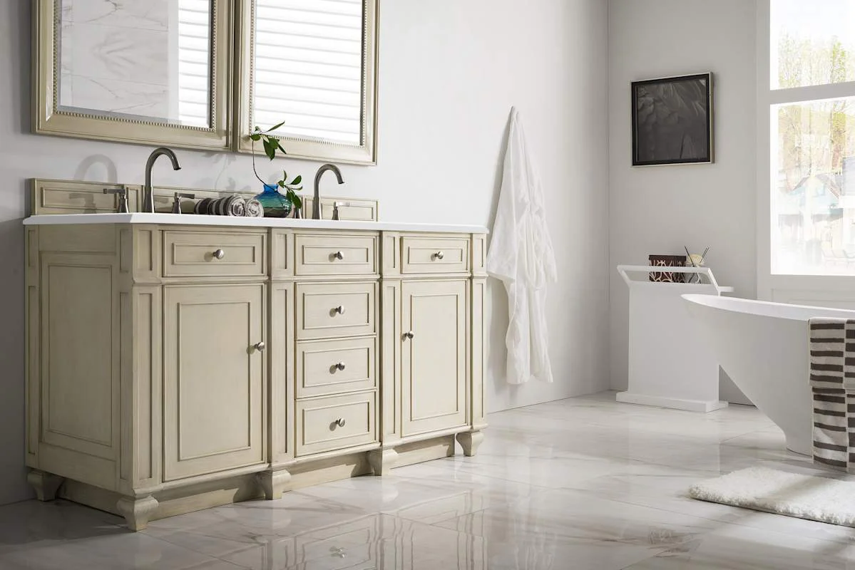James Martin Vanities Bristol 60" Free Standing Double Basin Vanity Set, Saddle Brown Wood Cabinet with 3cm White Zeus Quartz Top - Image 8