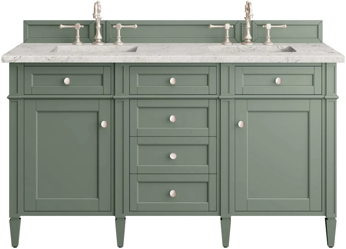 James Martin Vanities Brittany 60" Double-Basin Poplar Wood Bathroom Vanity Set with 3 cm Pearl Jasmine Quartz Top, Rectangular Undermount Sinks – Smokey Celadon