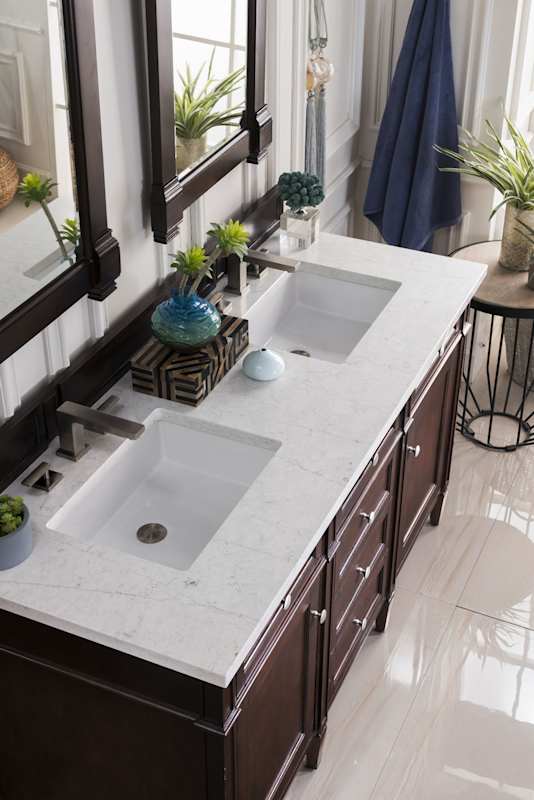 James Martin Vanities Brittany 60" Double-Basin Poplar Wood Bathroom Vanity Set with 3 cm Pearl Jasmine Quartz Top, Rectangular Undermount Sinks – Smokey Celadon - Image 3