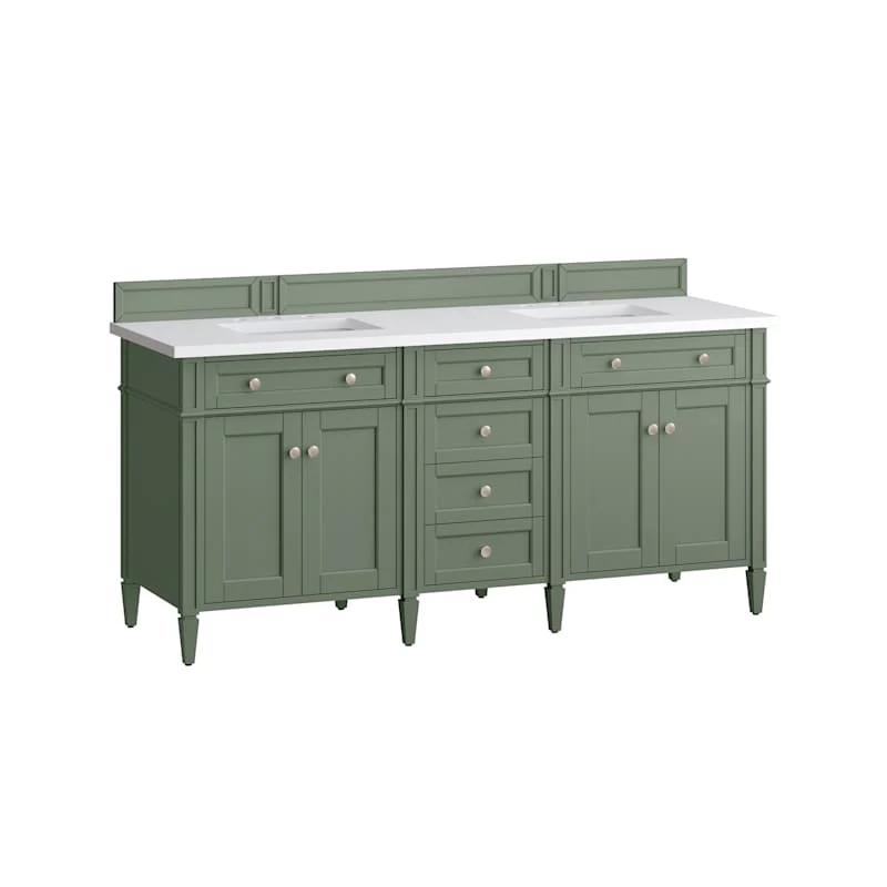 James Martin Vanities Brittany 72" Double Basin Poplar Wood Vanity Set with 3cm White Zeus Quartz Top, Backsplash and Rectangular Sinks – Smokey Celadon