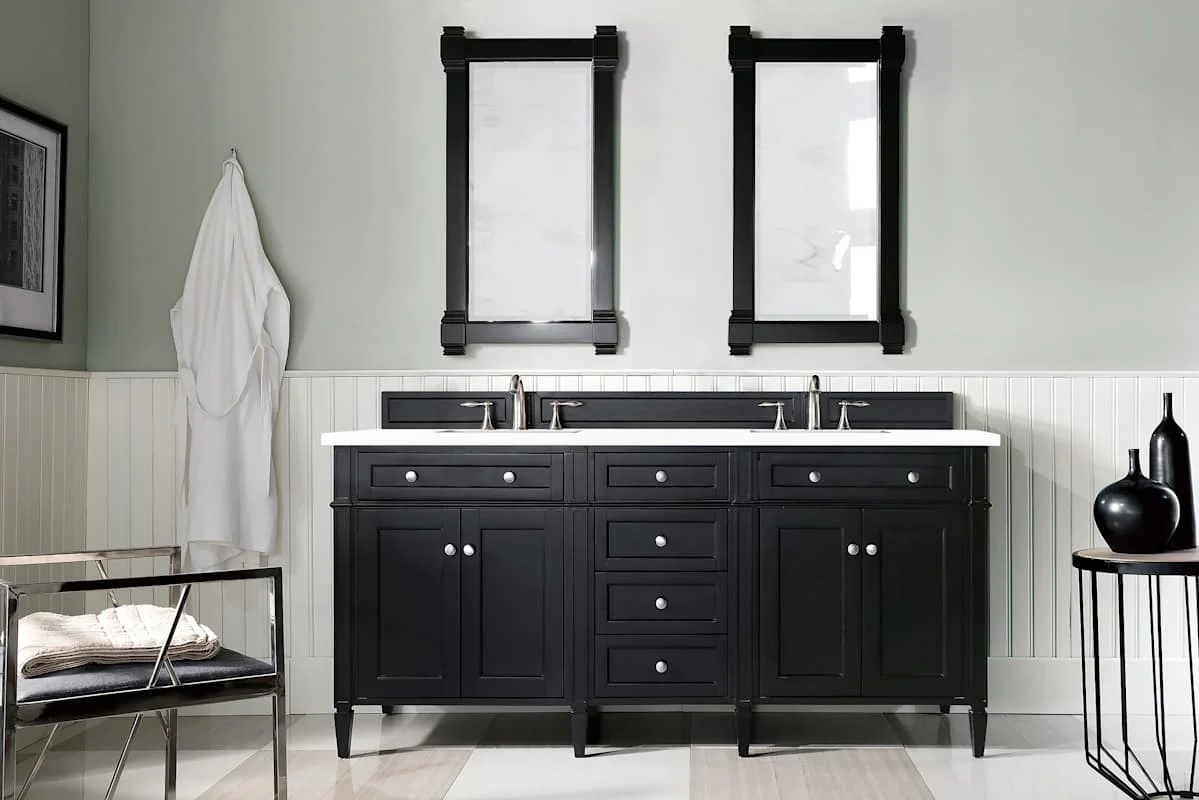 James Martin Vanities Brittany 72" Double Basin Poplar Wood Vanity Set with 3cm White Zeus Quartz Top, Backsplash and Rectangular Sinks – Smokey Celadon - Image 2