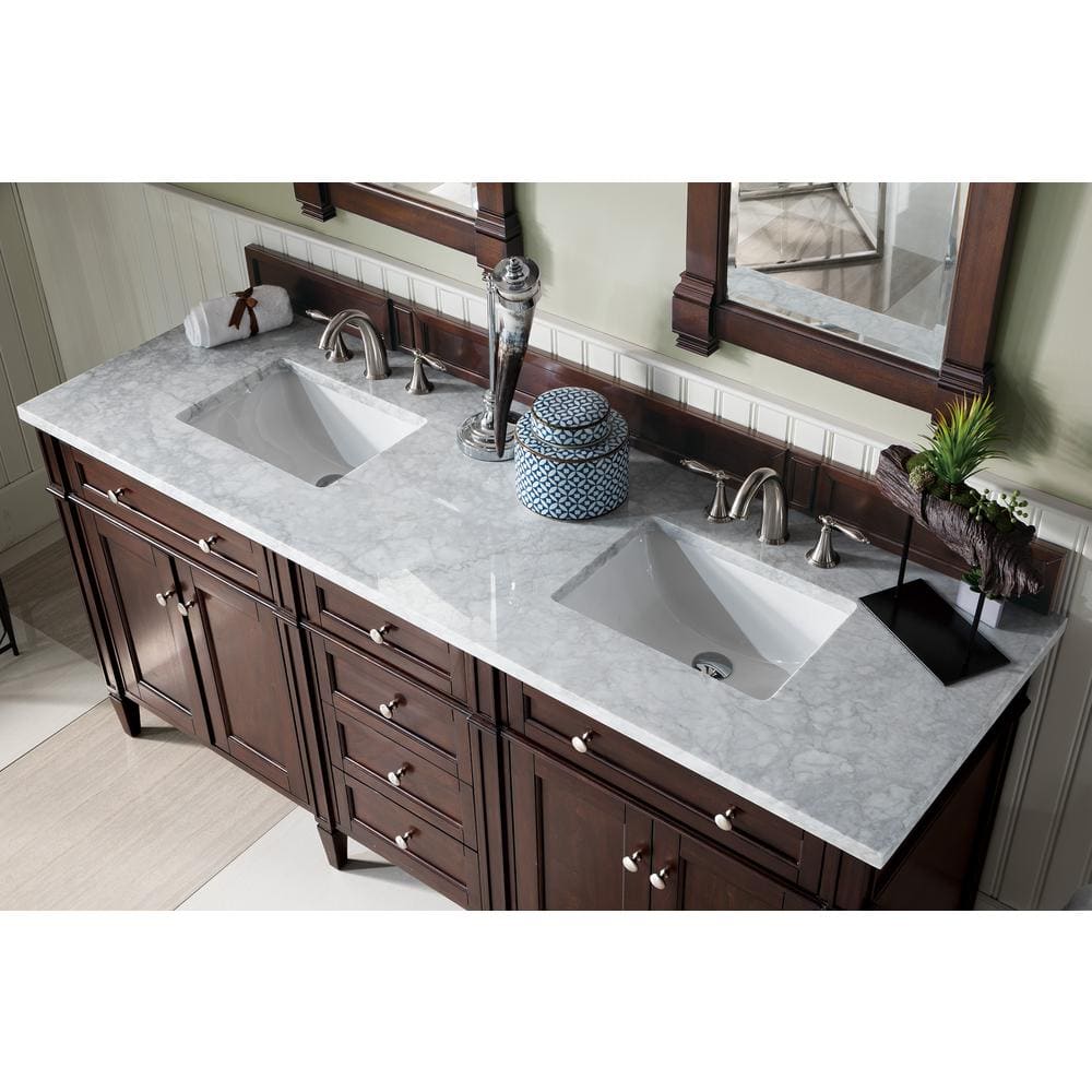 James Martin Vanities Brittany 72" Double Bath Vanity in Burnished Mahogany with Carrara Marble Top - Image 2