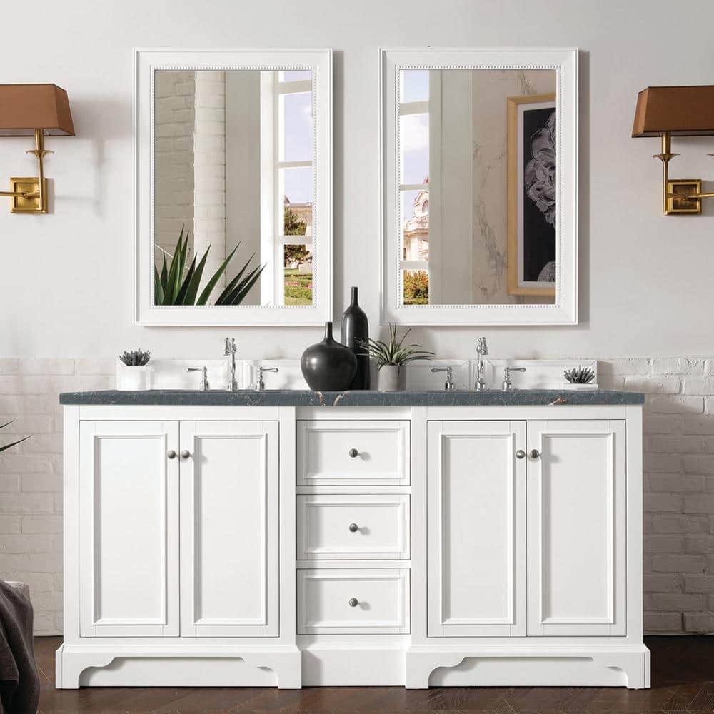 James Martin Vanities De Soto 73.3 in. Double Bathroom Vanity in Bright White with Parisien Bleu Quartz Top - Image 2
