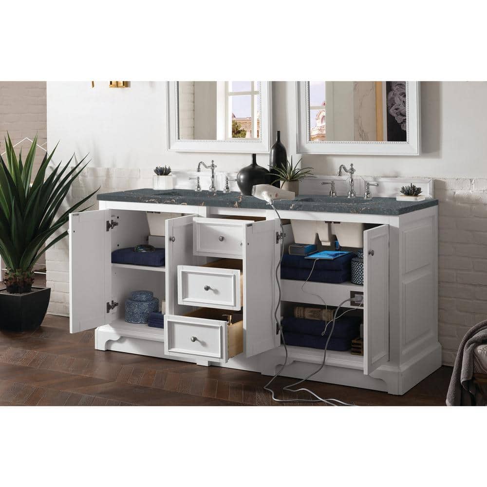 James Martin Vanities De Soto 73.3 in. Double Bathroom Vanity in Bright White with Parisien Bleu Quartz Top - Image 4