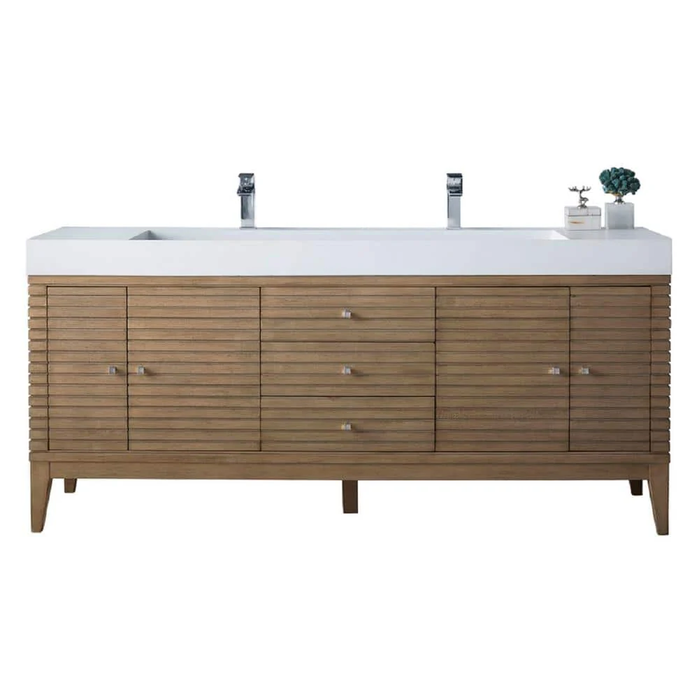 James Martin Vanities Linear 72.5" Double Bath Vanity, Whitewashed Walnut, Glossy White Top