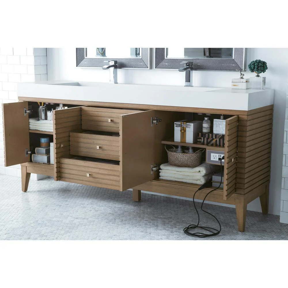 James Martin Vanities Linear 72.5" Double Bath Vanity, Whitewashed Walnut, Glossy White Top - Image 2