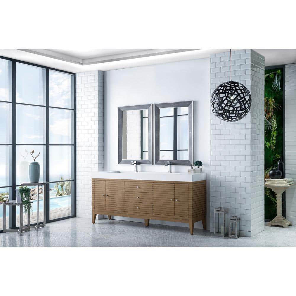 James Martin Vanities Linear 72.5" Double Bath Vanity, Whitewashed Walnut, Glossy White Top - Image 3