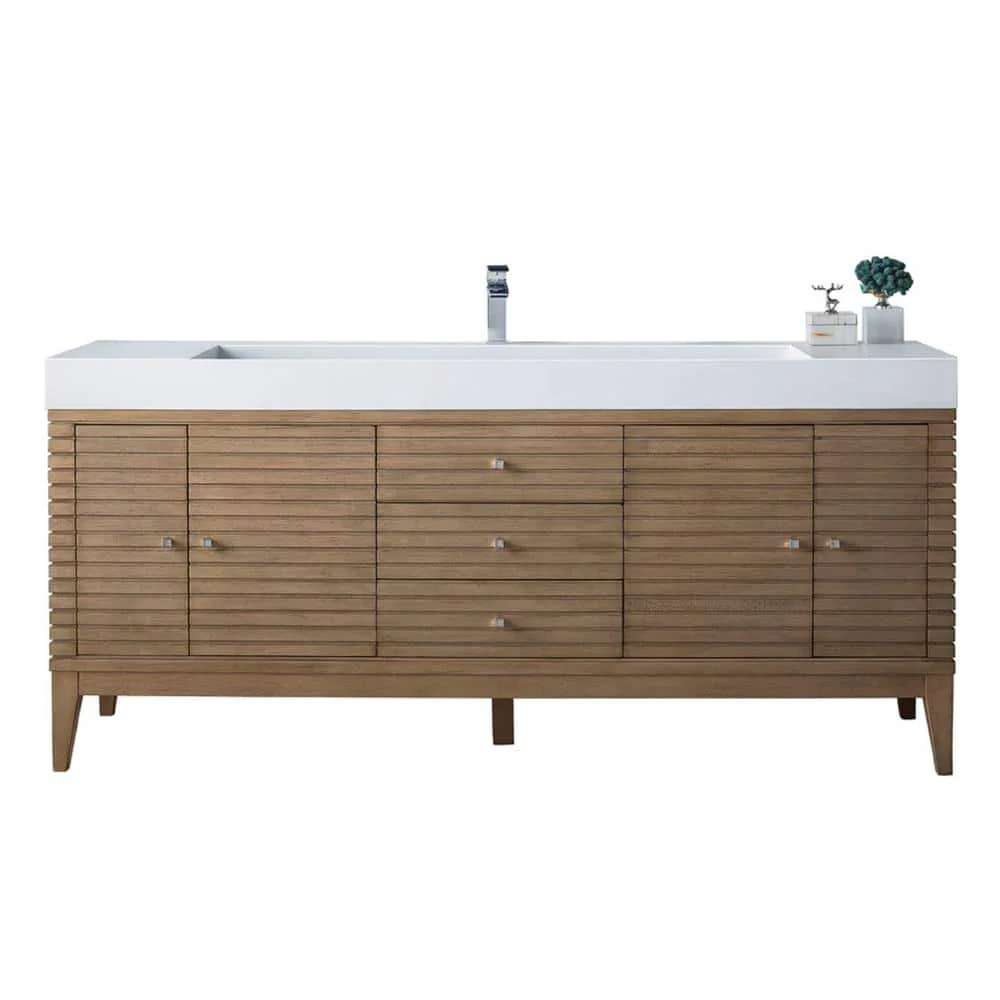 James Martin Vanities Linear 72" Single Bath Vanity, Whitewashed Walnut with Glossy White Top