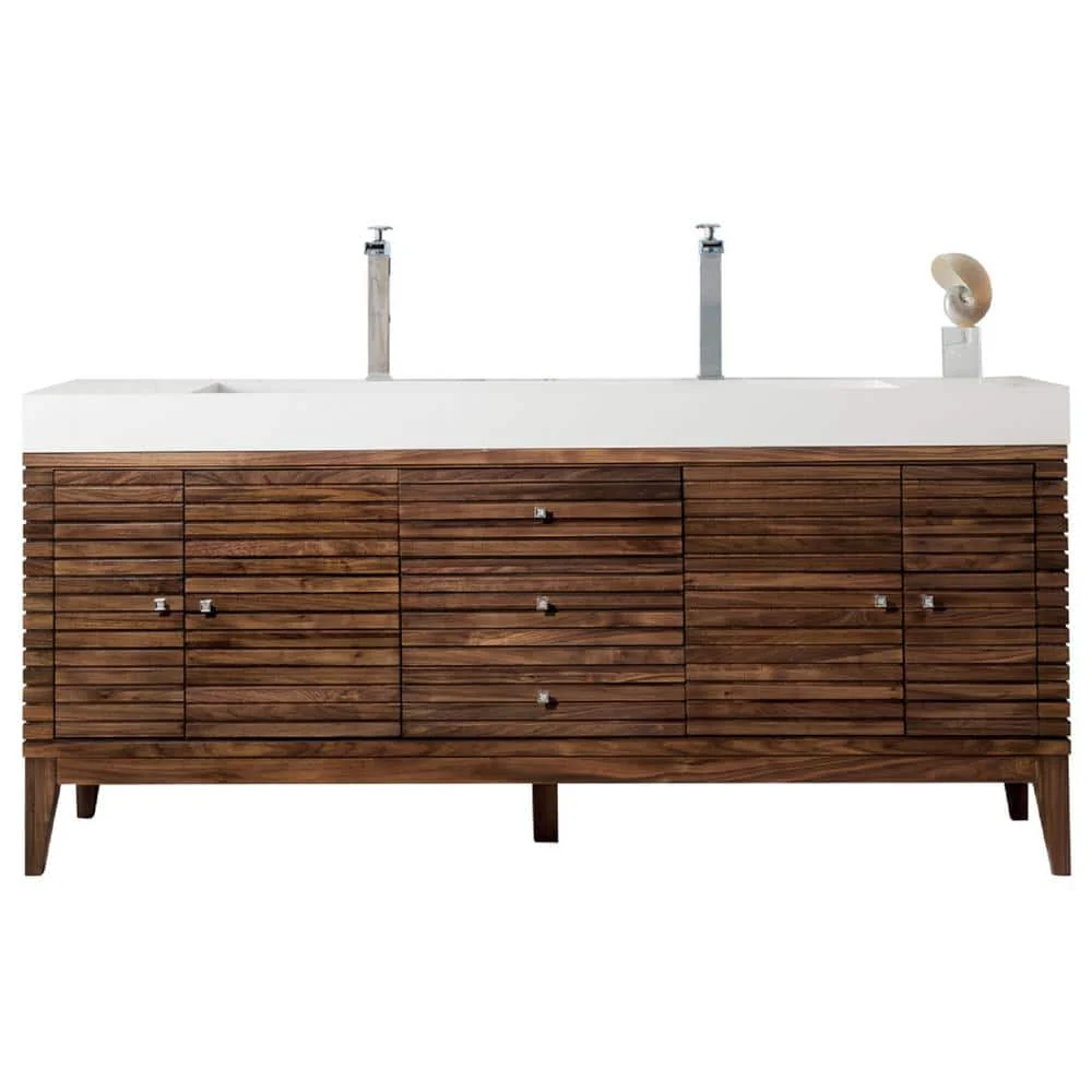 James Martin Vanities Linear Double Bath Vanity, 72.5 in., Walnut Finish, Glossy White Top