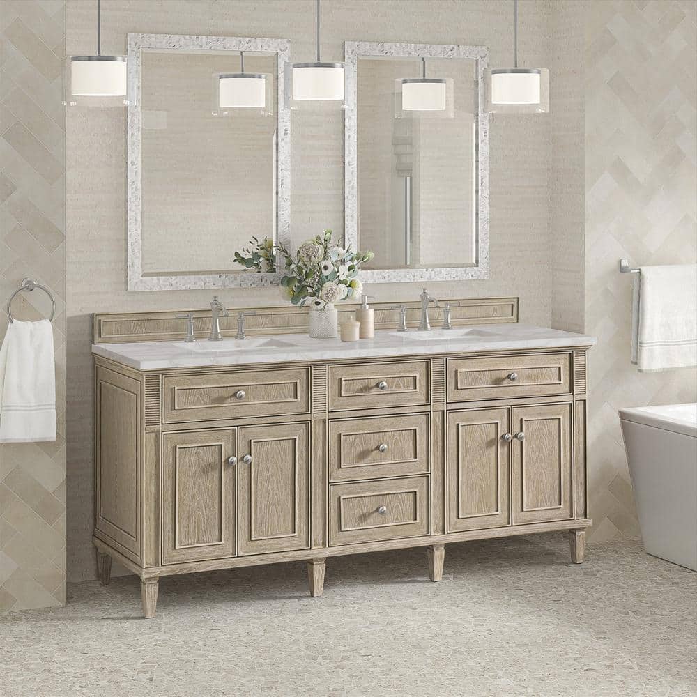 James Martin Vanities Lorelai 72" Double Bath Vanity in Whitewashed Oak with Victorian Silver Quartz Top - Image 4