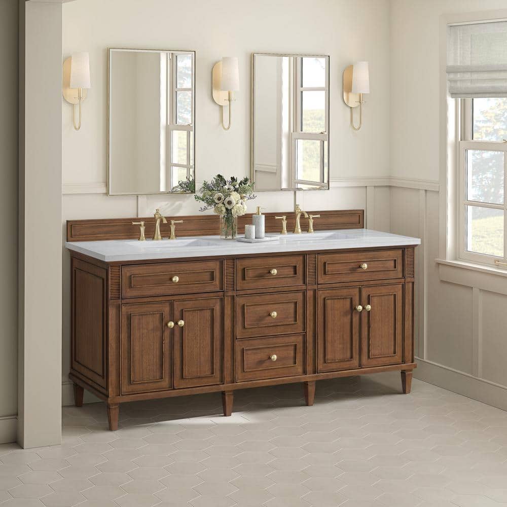 James Martin Vanities Lorelai 72" Double Vanity in Mid-Century Walnut with Arctic Fall Top - Image 3