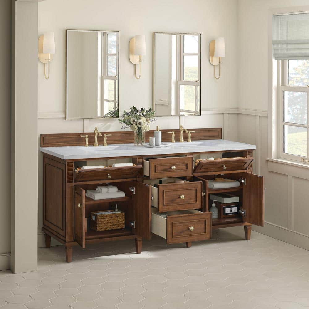 James Martin Vanities Lorelai 72" Double Vanity in Mid-Century Walnut with Arctic Fall Top - Image 4