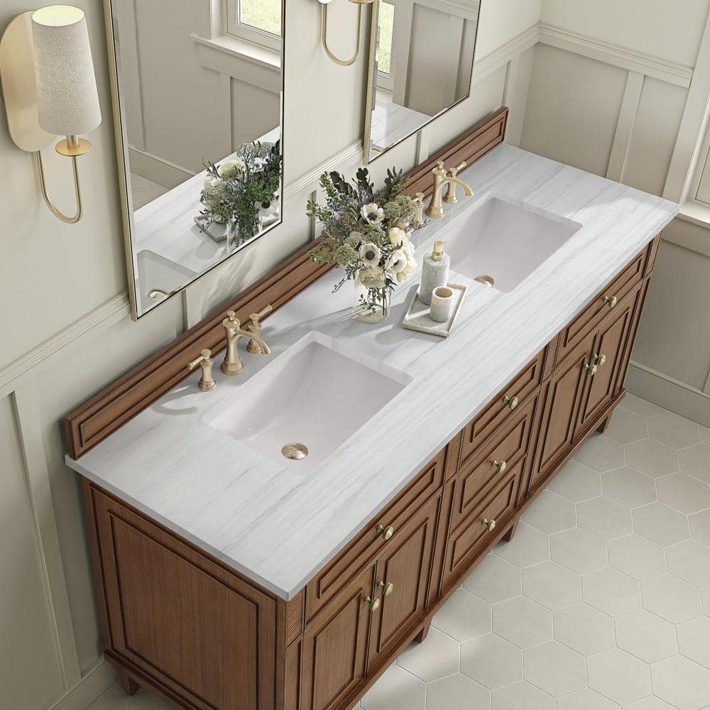 James Martin Vanities Lorelai 72" Double Vanity in Mid-Century Walnut with Arctic Fall Top - Image 5