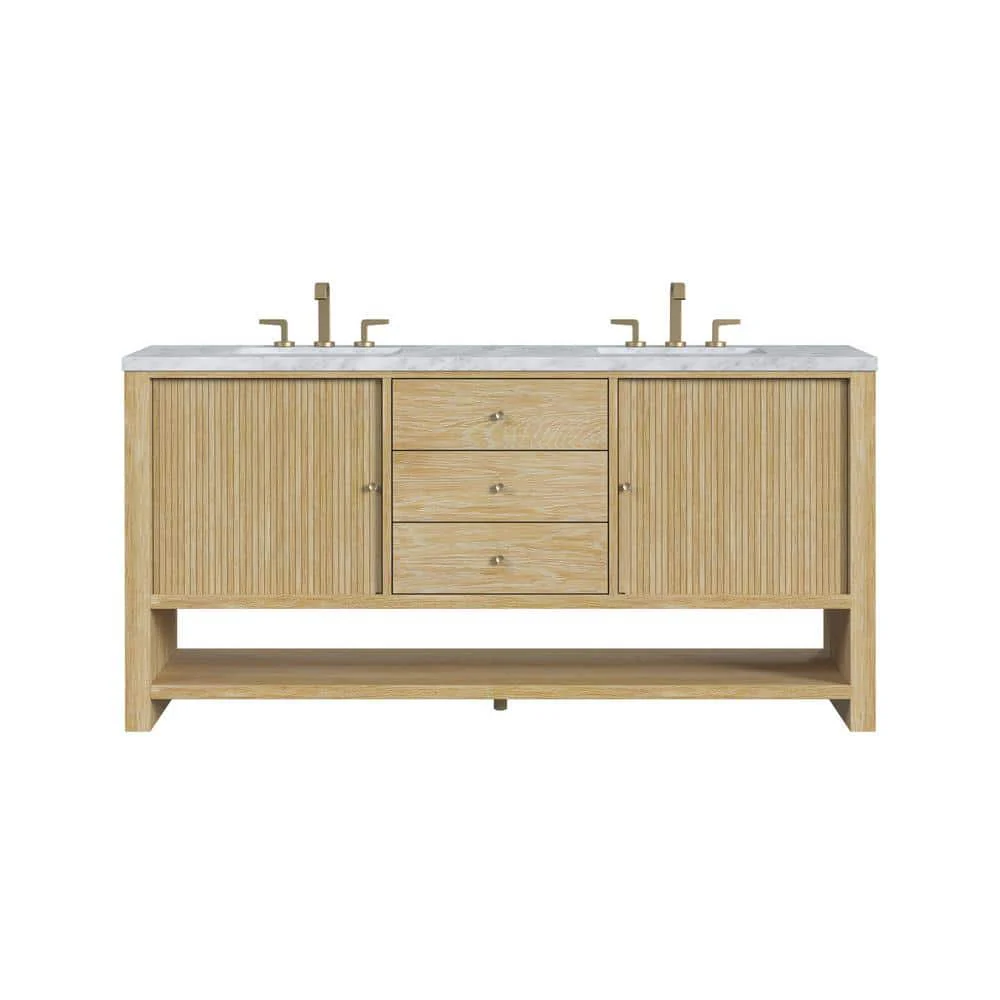 James Martin Vanities Marigot 72" Double Bathroom Vanity in Sunwashed Oak with Carrara White Marble Top