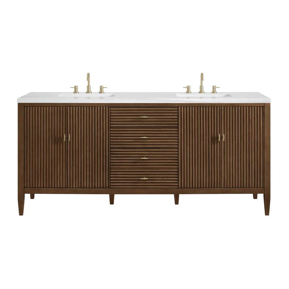 James Martin Vanities Myrrin 72-inch Double Bath Vanity in Walnut with Arctic Fall Top