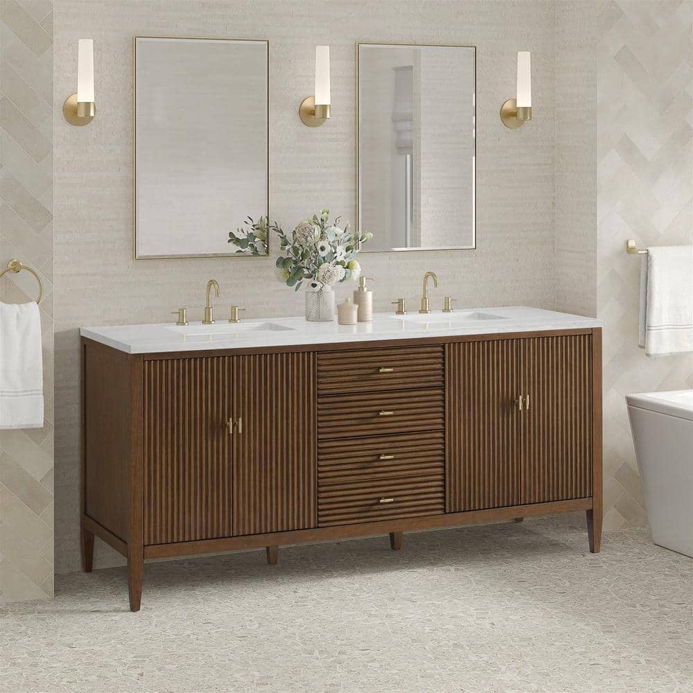 James Martin Vanities Myrrin 72-inch Double Bath Vanity in Walnut with Arctic Fall Top - Image 3