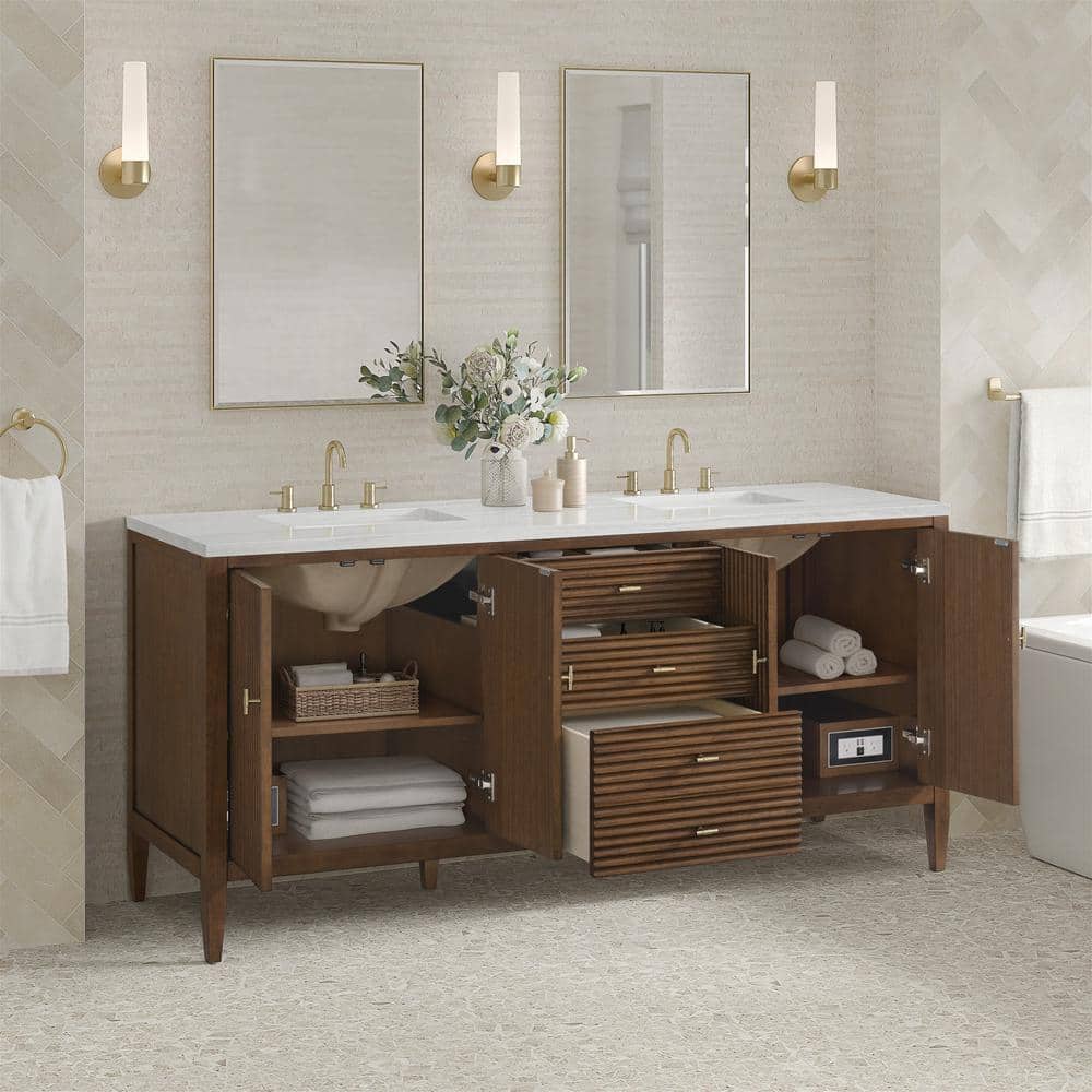 James Martin Vanities Myrrin 72-inch Double Bath Vanity in Walnut with Arctic Fall Top - Image 4