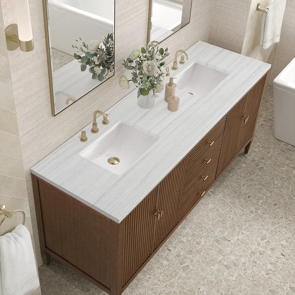 James Martin Vanities Myrrin 72-inch Double Bath Vanity in Walnut with Arctic Fall Top - Image 5