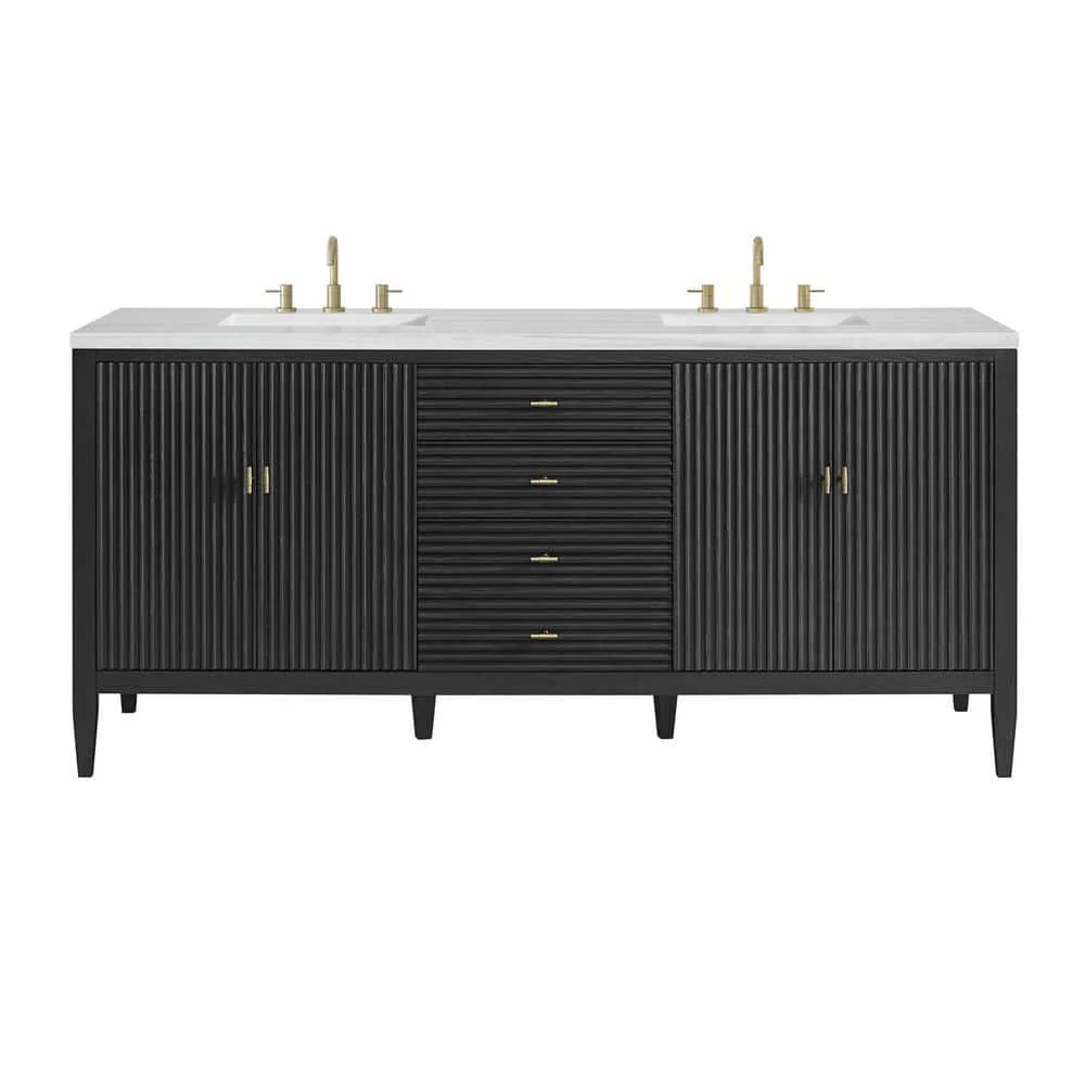 James Martin Vanities Myrrin 72-inch Double Bathroom Vanity in Carbon Oak with Arctic Fall Top