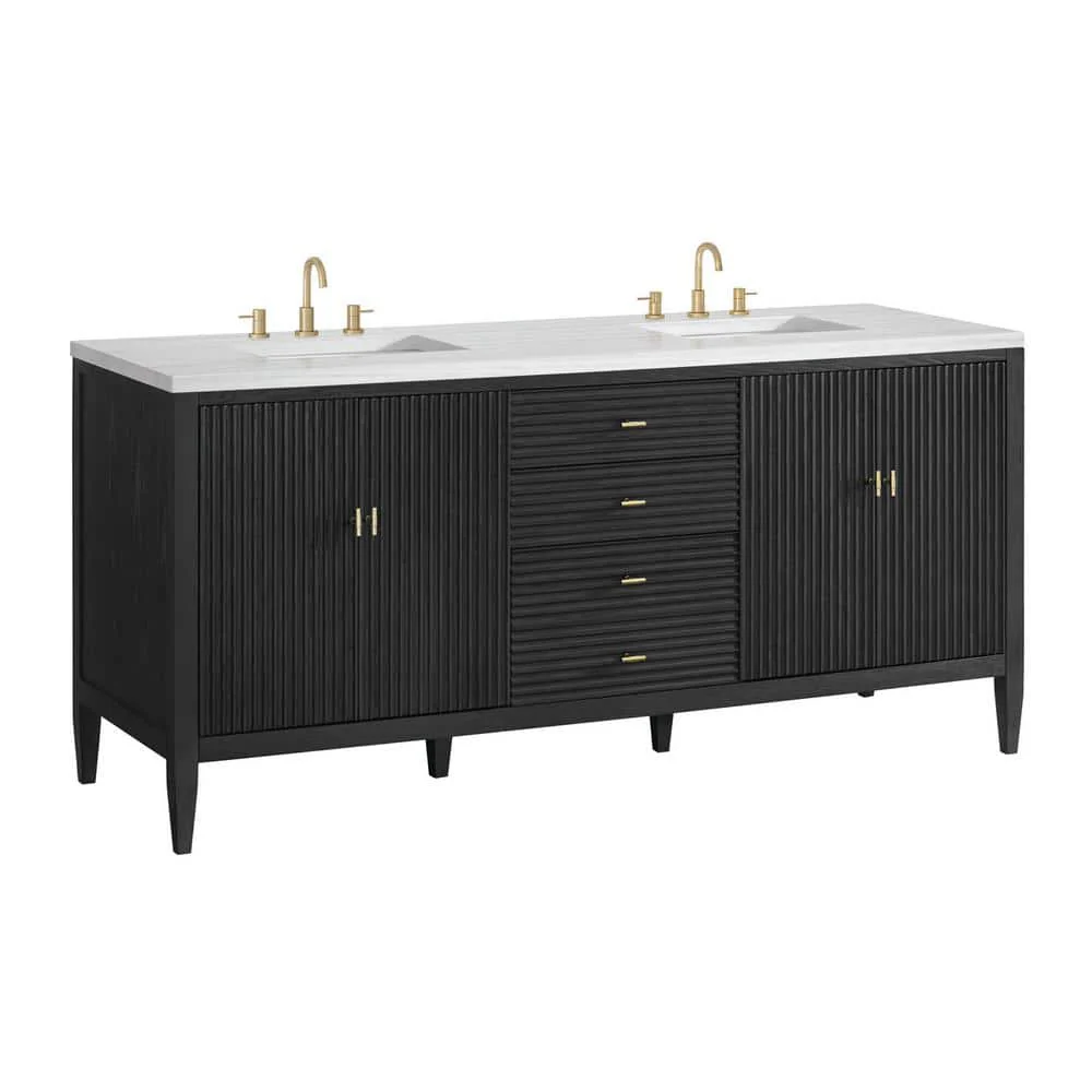 James Martin Vanities Myrrin 72-inch Double Bathroom Vanity in Carbon Oak with Arctic Fall Top - Image 2