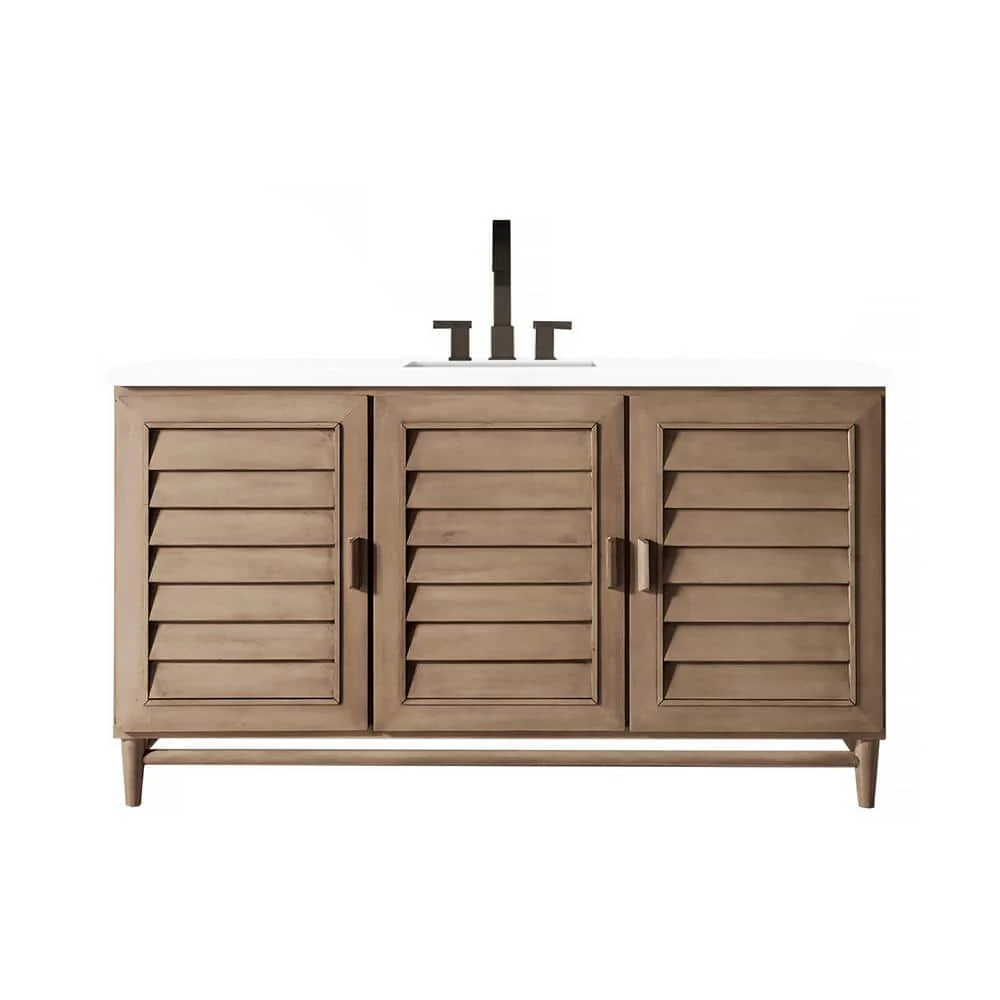 James Martin Vanities Portland 60" Bathroom Vanity in Whitewashed Walnut with Quartz Top
