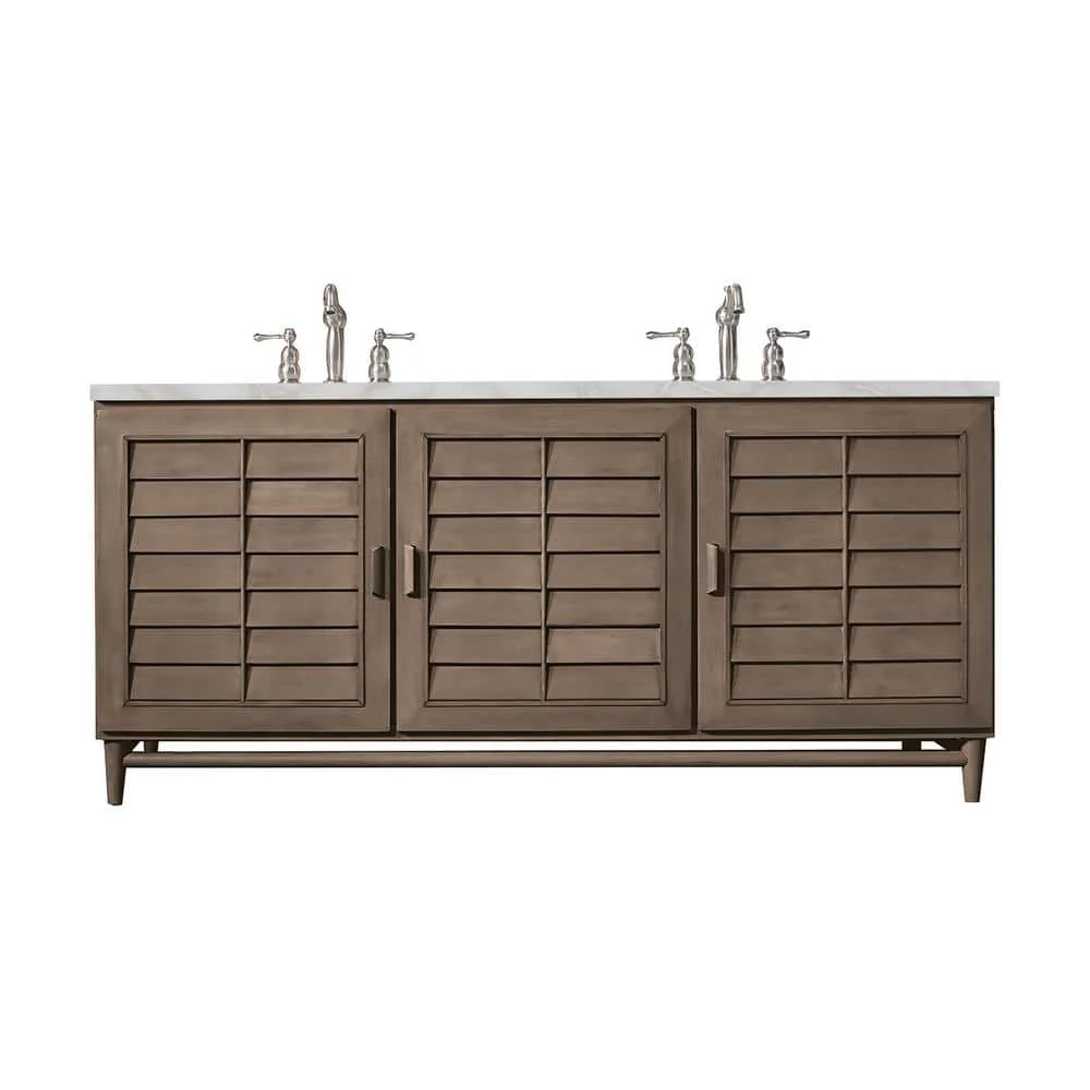 James Martin Vanities Portland 72" Bathroom Vanity in Whitewashed Walnut with Victorian Silver Quartz Top