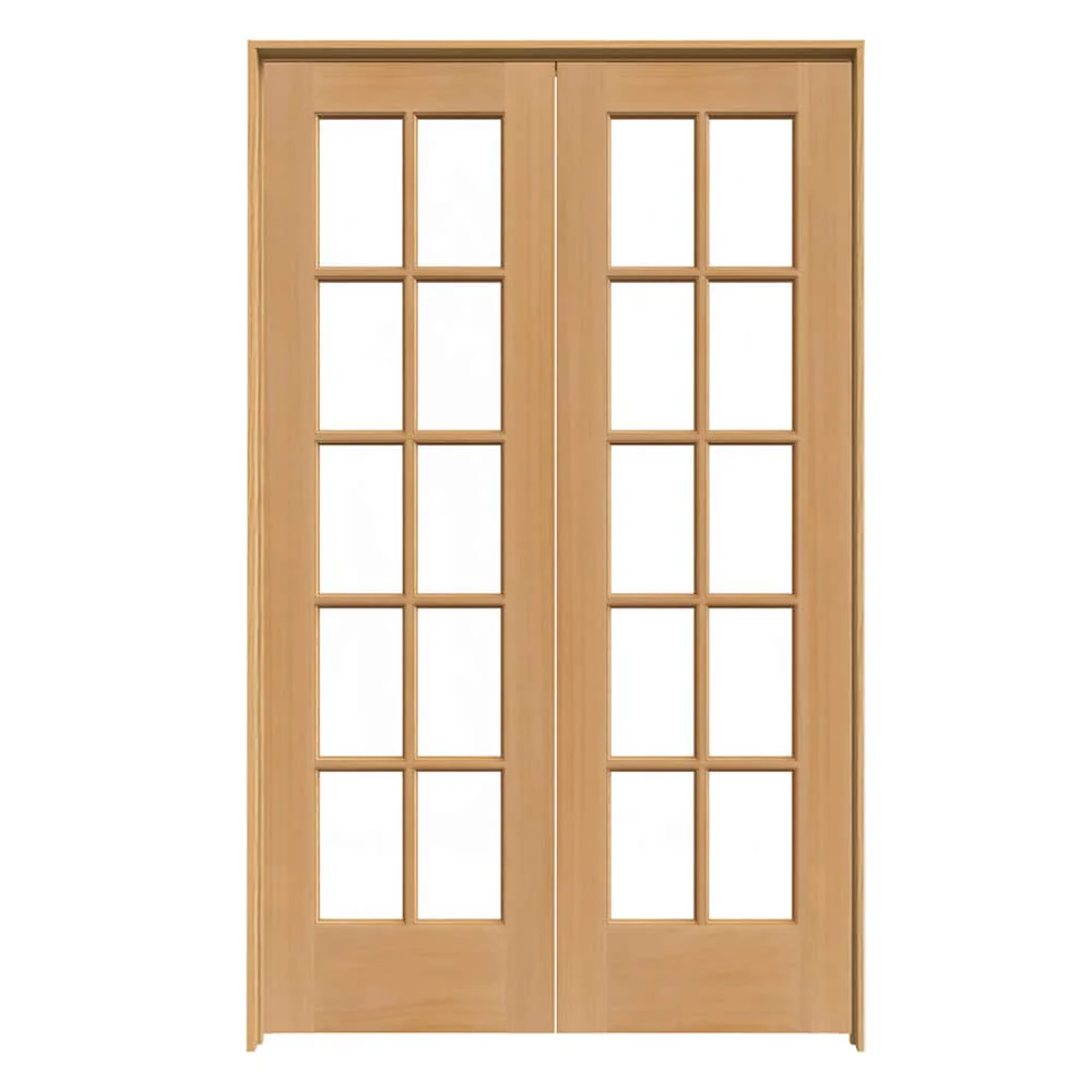 JELD-WEN 10 Lite Wood 48-in x 80-in Unfinished Pine Interior French Door with Clear Glass, Prehung, Hardware Included