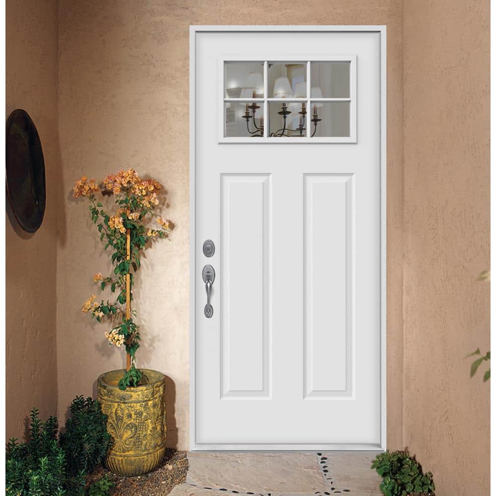 JELD-WEN 32 in. x 80 in. 6 Lite Craftsman Primed Steel Prehung Right-Hand Inswing Front Door - Image 2