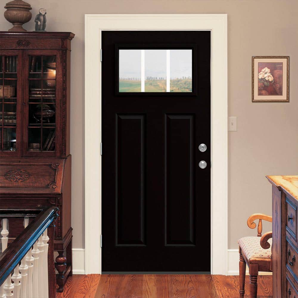 JELD-WEN 36 in. x 80 in. 3 Lite Craftsman Black Painted Steel Prehung Right-Hand Inswing Front Door with Brickmould - Image 3