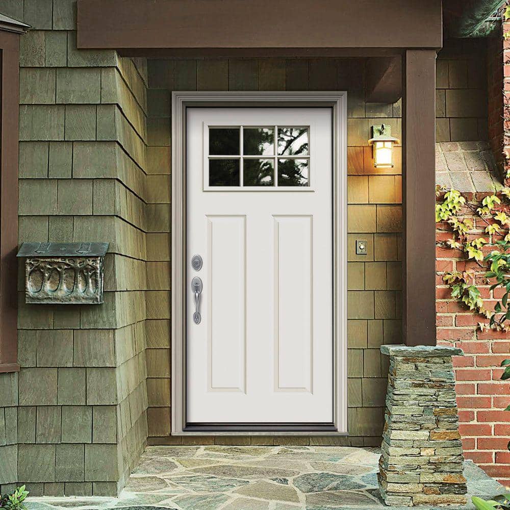 JELD-WEN 36 in. x 80 in. Craftsman Primed Right-Hand Inswing 6-Lite Clear Steel Prehung Front Door with Brickmould - Image 2