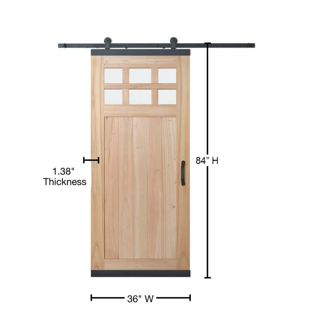 JELD-WEN 36 in. x 80 in. DesignGlide Farmhouse Unfinished Solid Wood 6-Lite Obscure Glass Sliding Barn Door & Black Hardware Kit - Image 3