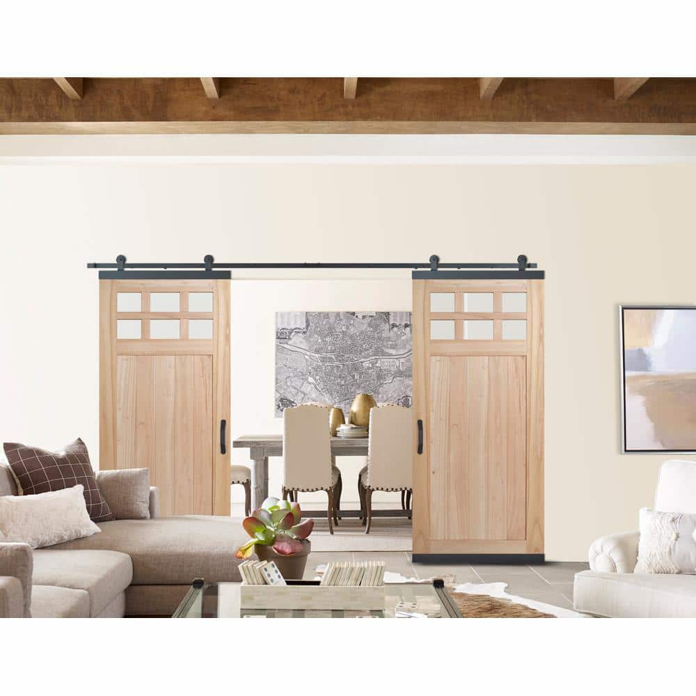 JELD-WEN 36 in. x 80 in. DesignGlide Farmhouse Unfinished Solid Wood 6-Lite Obscure Glass Sliding Barn Door & Black Hardware Kit - Image 4