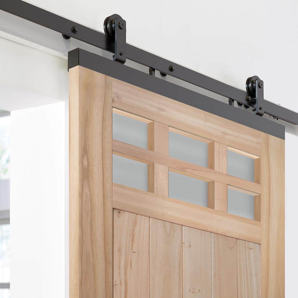JELD-WEN 36 in. x 80 in. DesignGlide Farmhouse Unfinished Solid Wood 6-Lite Obscure Glass Sliding Barn Door & Black Hardware Kit - Image 5